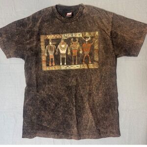 Sportex Mens Large Brown Acid Wash‎ Tribal Graphic T-Shirt Made in USA Cotton